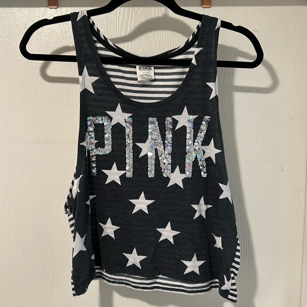 PINK Sparkle Tank Top with Stars and Stripes Small